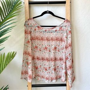 Lovely Day Floral Slightly Sheer Boho Long Sleeve Lace Up Back Top Blouse